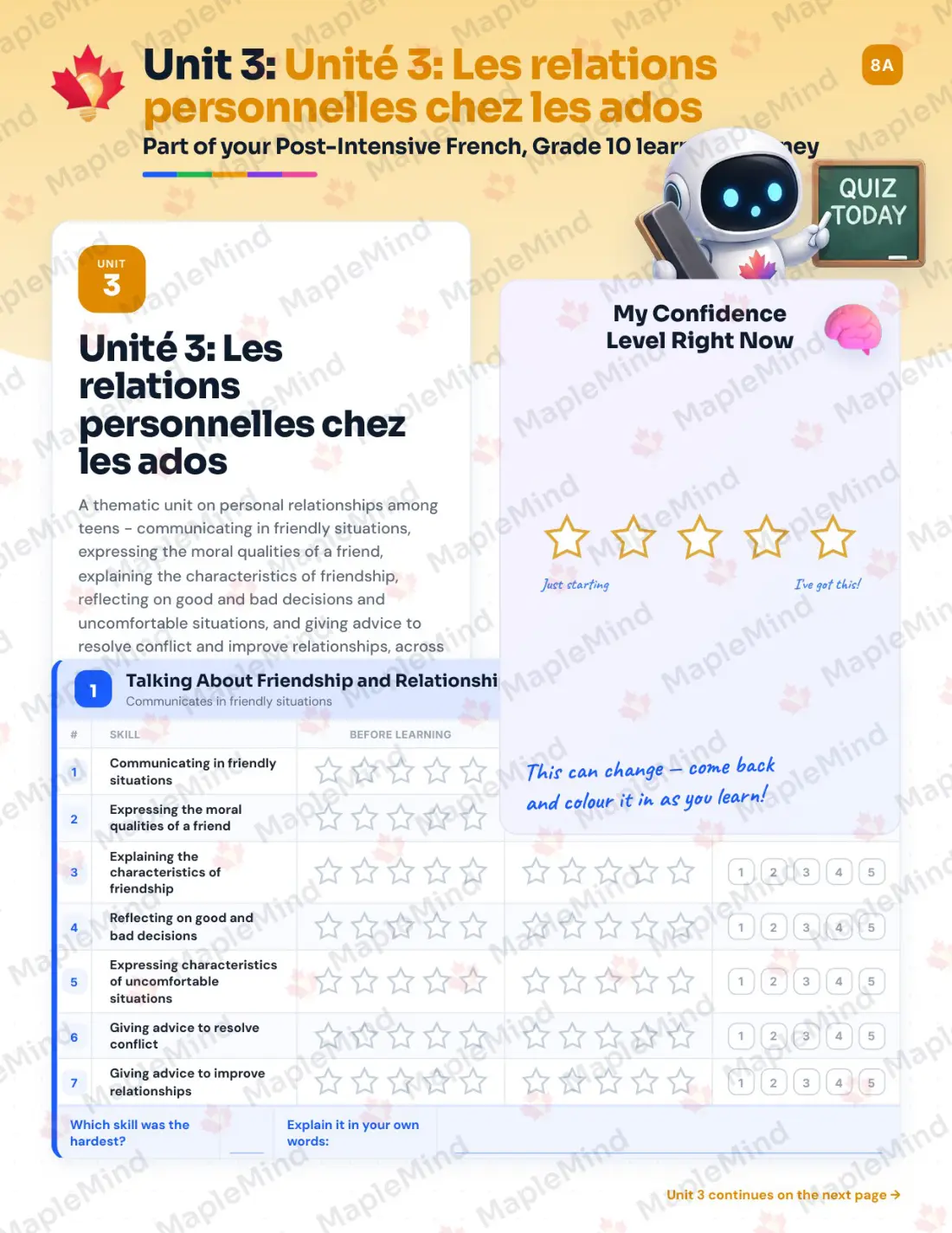 Page 14 of 26 from the Post-Intensive French, Grade 10 New Brunswick Course Companion — skills tracker with before and after self-assessment