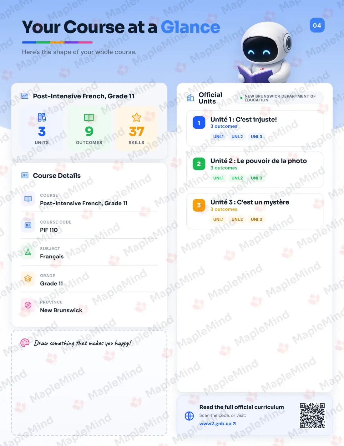 Page 4 of 26 from the Post-Intensive French, Grade 11 New Brunswick Course Companion — the course at a glance for parents