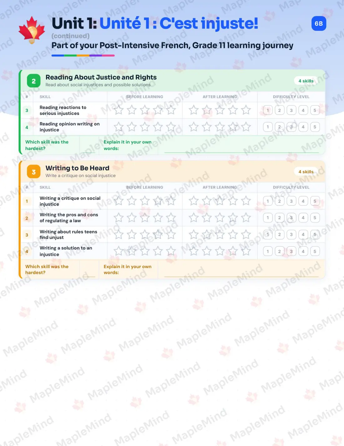 Page 7 of 26 from the Post-Intensive French, Grade 11 New Brunswick Course Companion — skills tracker with before and after self-assessment