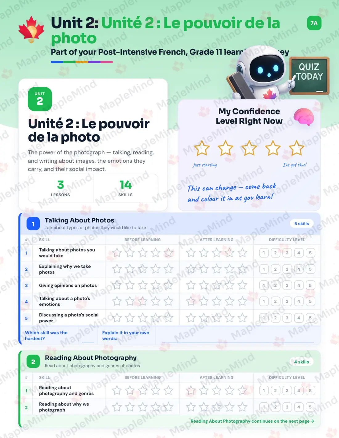 Page 10 of 26 from the Post-Intensive French, Grade 11 New Brunswick Course Companion — skills tracker with before and after self-assessment