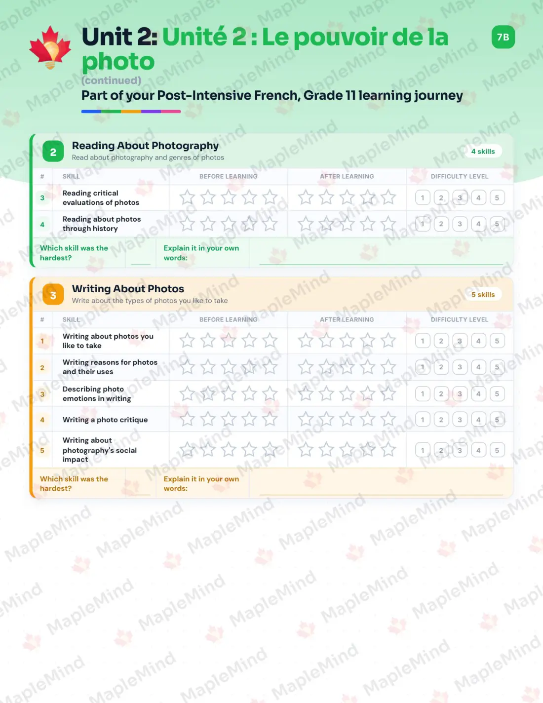 Page 11 of 26 from the Post-Intensive French, Grade 11 New Brunswick Course Companion — skills tracker with before and after self-assessment