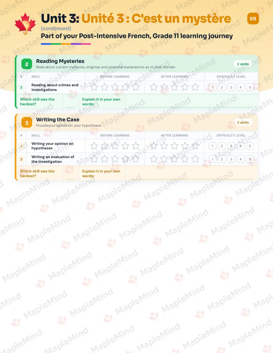 Page 15 of 26 from the Post-Intensive French, Grade 11 New Brunswick Course Companion — skills tracker with before and after self-assessment