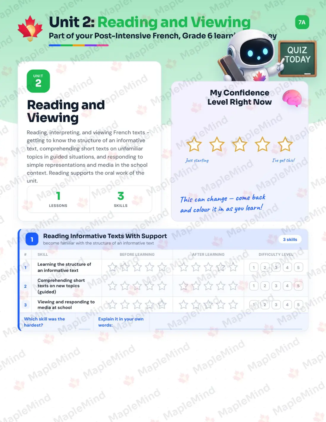 Page 9 of 23 from the Post-Intensive French, Grade 6 New Brunswick Course Companion — skills tracker with before and after self-assessment
