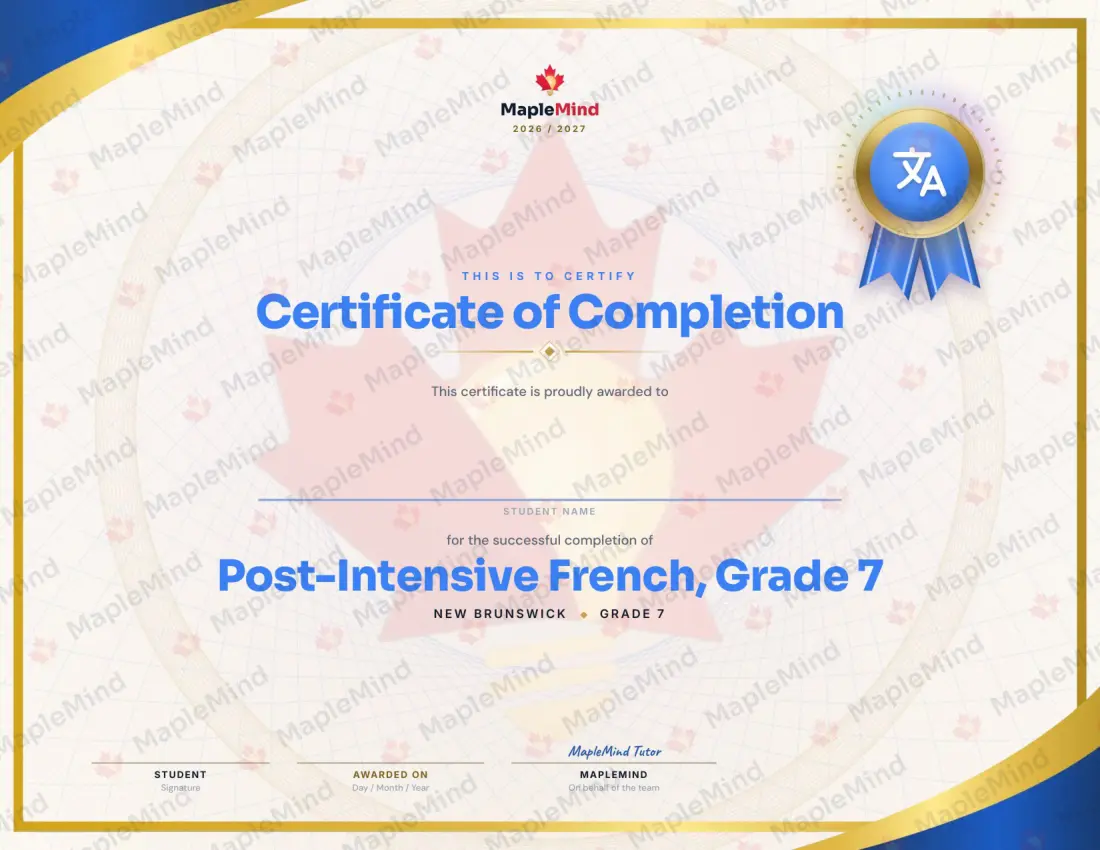 Page 23 of 23 from the Post-Intensive French, Grade 7 New Brunswick Course Companion — year in review and certificate of completion