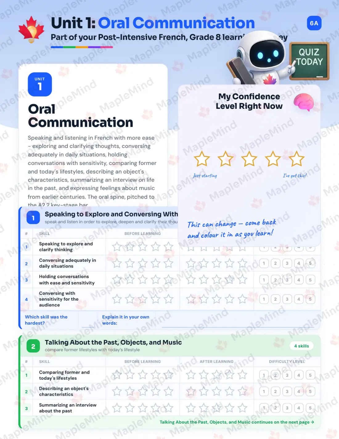Page 6 of 25 from the Post-Intensive French, Grade 8 New Brunswick Course Companion — skills tracker with before and after self-assessment