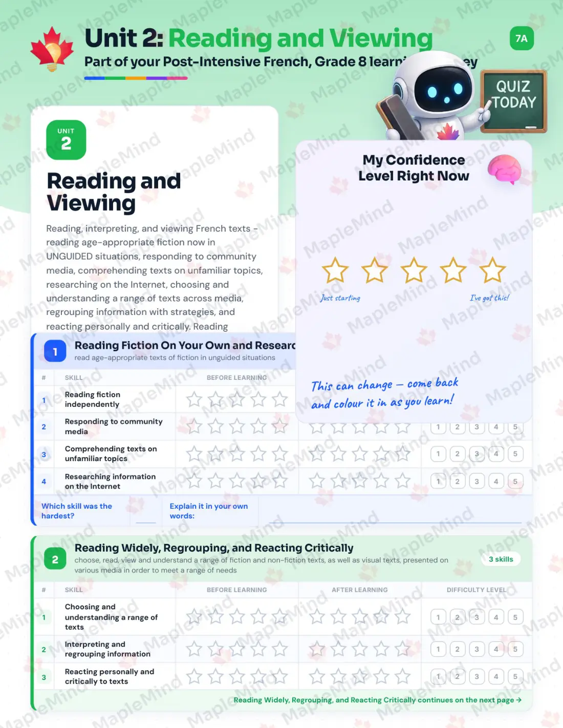 Page 10 of 25 from the Post-Intensive French, Grade 8 New Brunswick Course Companion — skills tracker with before and after self-assessment