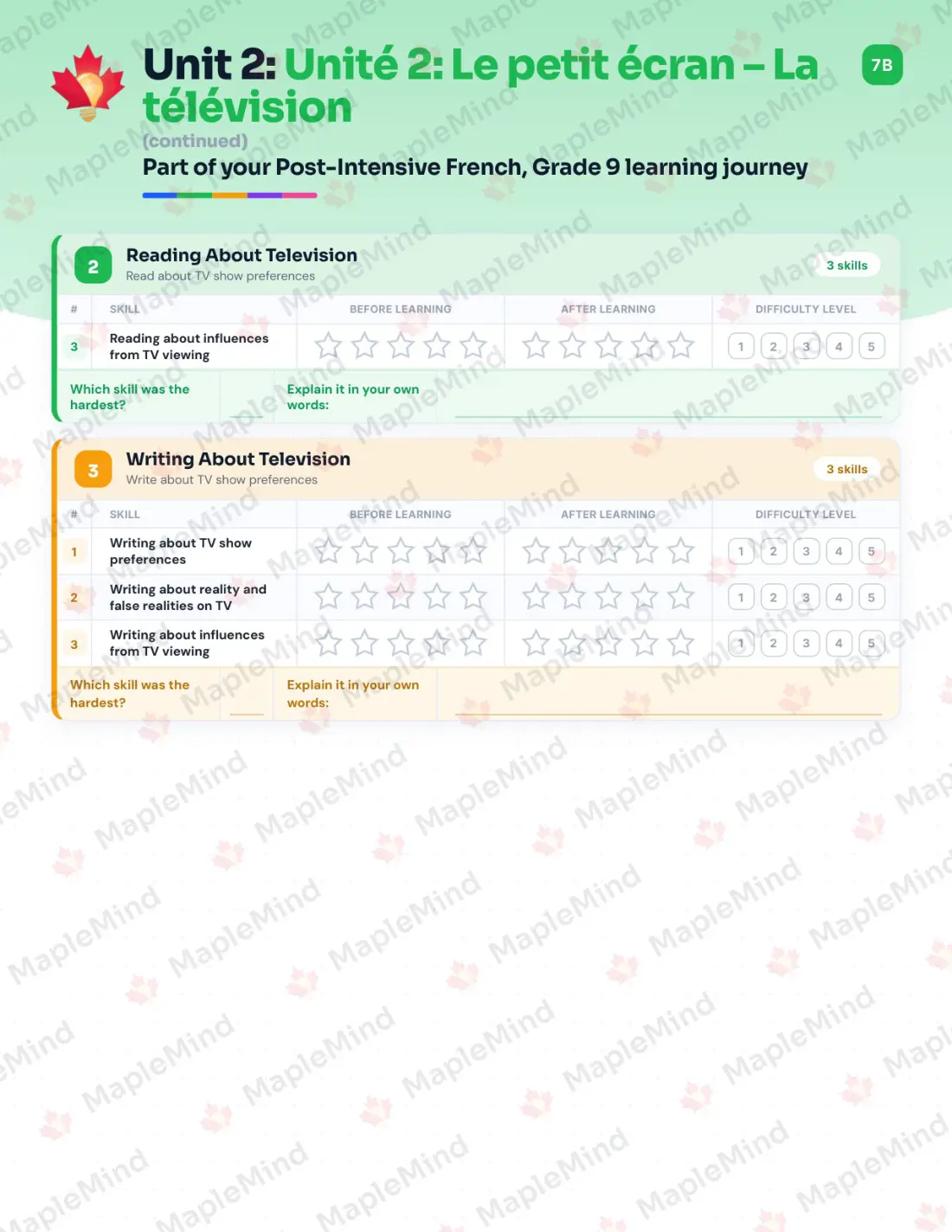 Page 11 of 26 from the Post-Intensive French, Grade 9 New Brunswick Course Companion — skills tracker with before and after self-assessment
