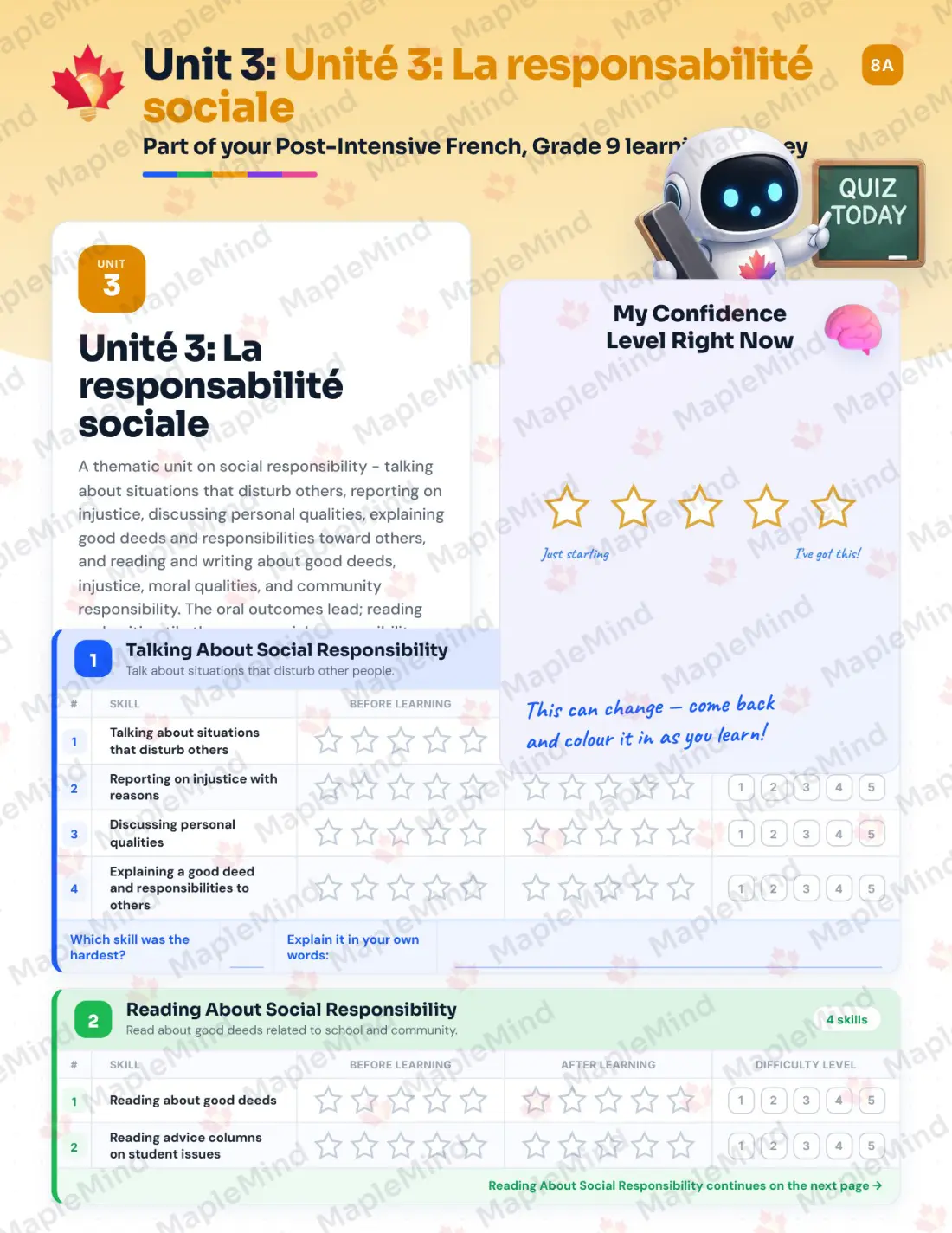 Page 14 of 26 from the Post-Intensive French, Grade 9 New Brunswick Course Companion — skills tracker with before and after self-assessment