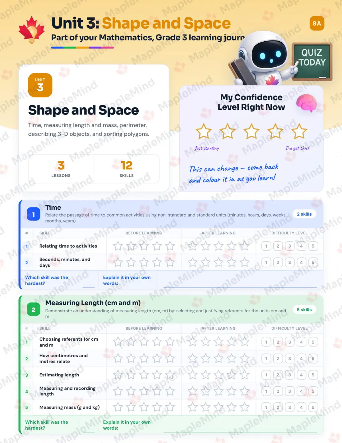 Page 13 of 29 from the Mathematics, Grade 3 New Brunswick Course Companion — skills tracker with before and after self-assessment