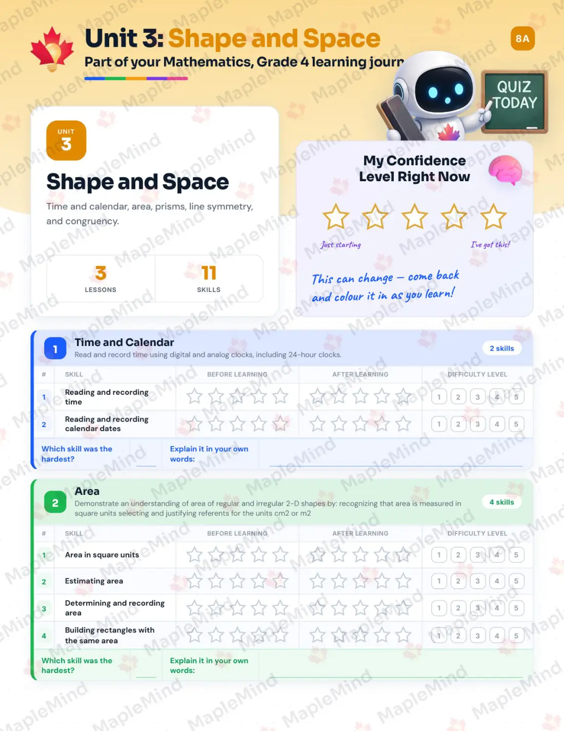 Page 14 of 30 from the Mathematics, Grade 4 New Brunswick Course Companion — skills tracker with before and after self-assessment