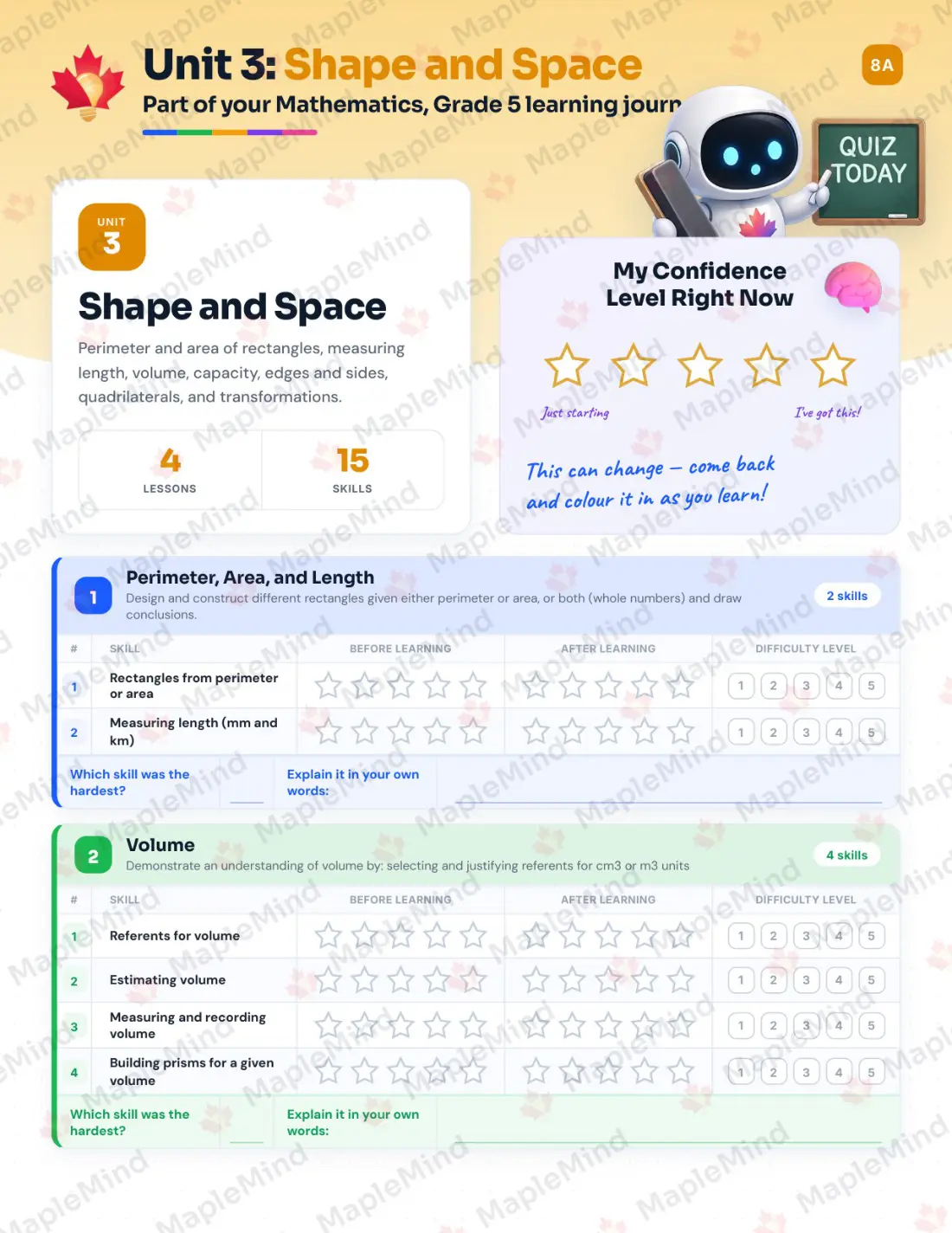 Page 13 of 29 from the Mathematics, Grade 5 New Brunswick Course Companion — skills tracker with before and after self-assessment