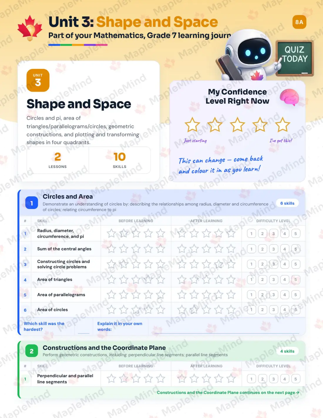 Page 13 of 30 from the Mathematics, Grade 7 New Brunswick Course Companion — skills tracker with before and after self-assessment