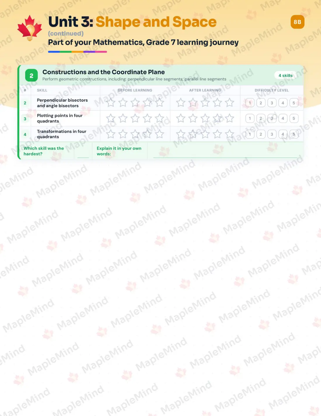 Page 14 of 30 from the Mathematics, Grade 7 New Brunswick Course Companion — skills tracker with before and after self-assessment