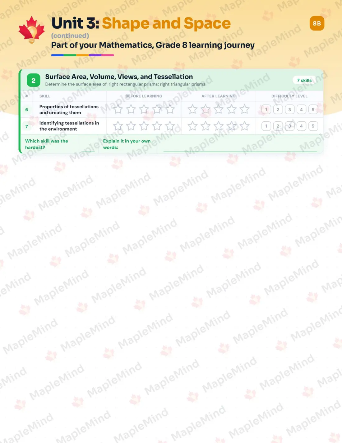 Page 14 of 29 from the Mathematics, Grade 8 New Brunswick Course Companion — skills tracker with before and after self-assessment