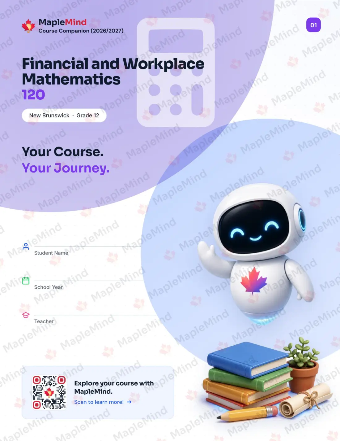 Page 1 of 38 from the Financial and Workplace Mathematics 120 New Brunswick Course Companion — workbook cover
