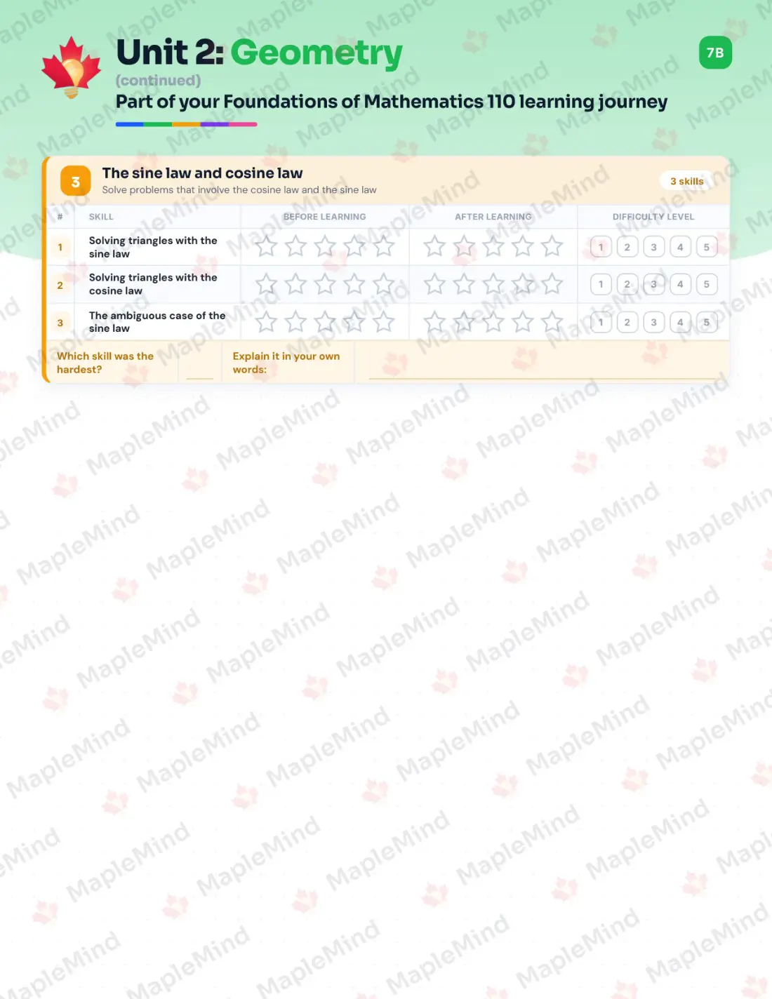 Page 10 of 29 from the Foundations of Mathematics 110 New Brunswick Course Companion — skills tracker with before and after self-assessment