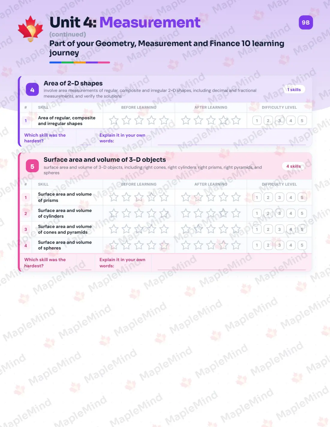 Page 19 of 31 from the Geometry, Measurement and Finance 10 New Brunswick Course Companion — skills tracker with before and after self-assessment