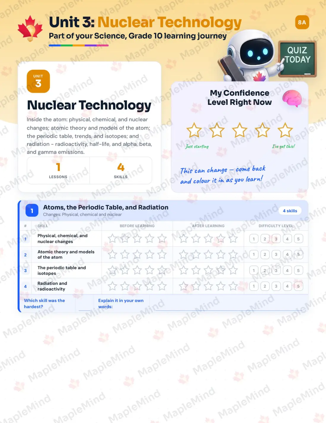 Page 12 of 34 from the Science, Grade 10 New Brunswick Course Companion — skills tracker with before and after self-assessment