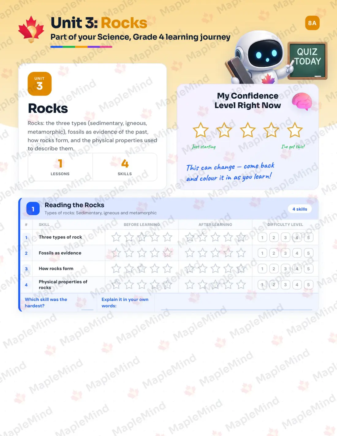 Page 12 of 33 from the Science, Grade 4 New Brunswick Course Companion — skills tracker with before and after self-assessment