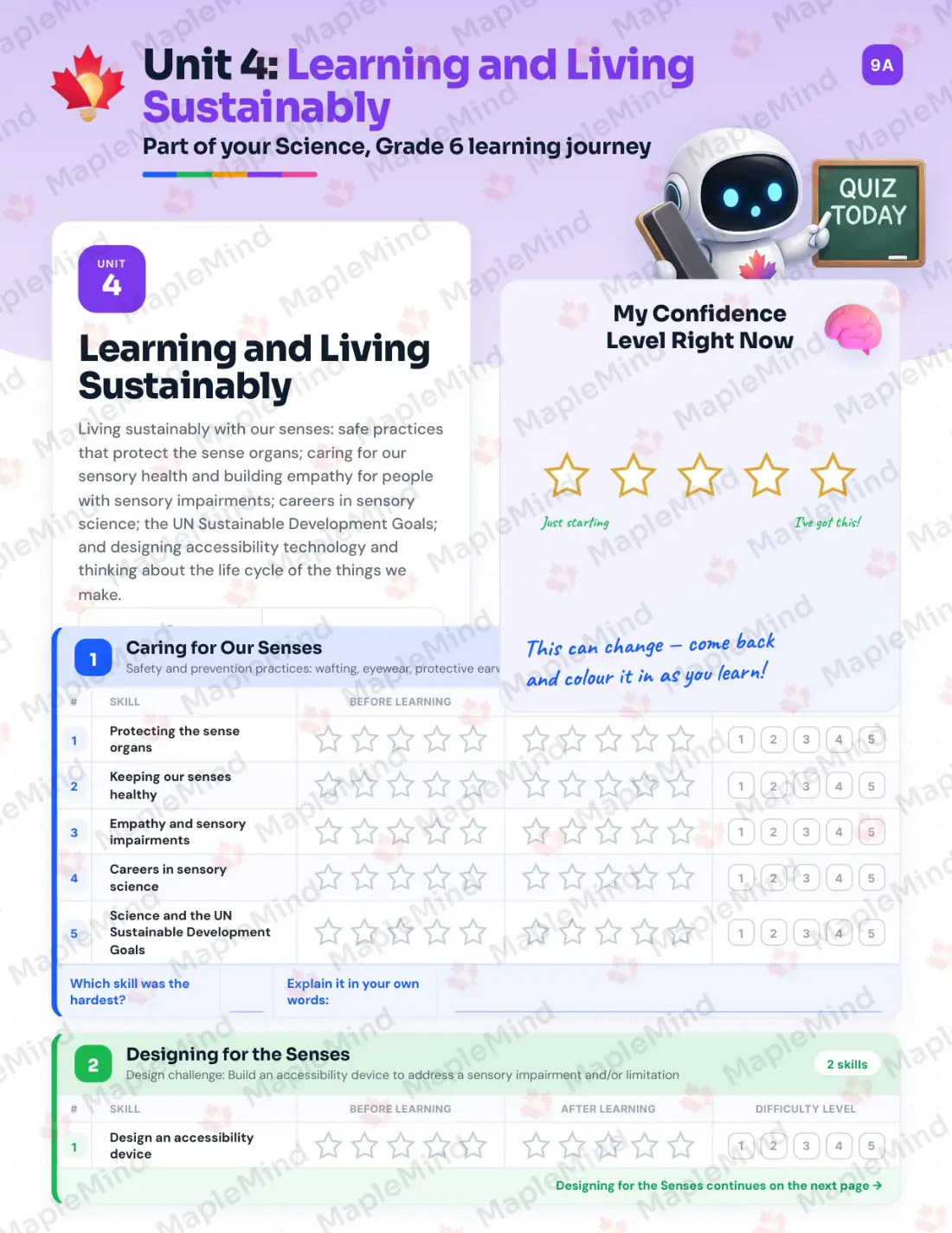Page 15 of 28 from the Science, Grade 6 New Brunswick Course Companion — skills tracker with before and after self-assessment