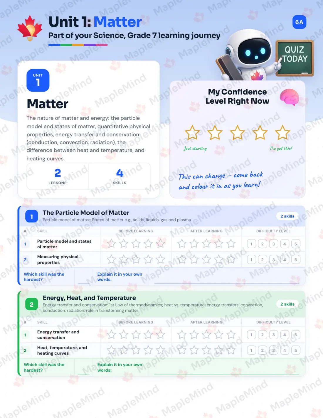 Page 6 of 25 from the Science, Grade 7 New Brunswick Course Companion — skills tracker with before and after self-assessment