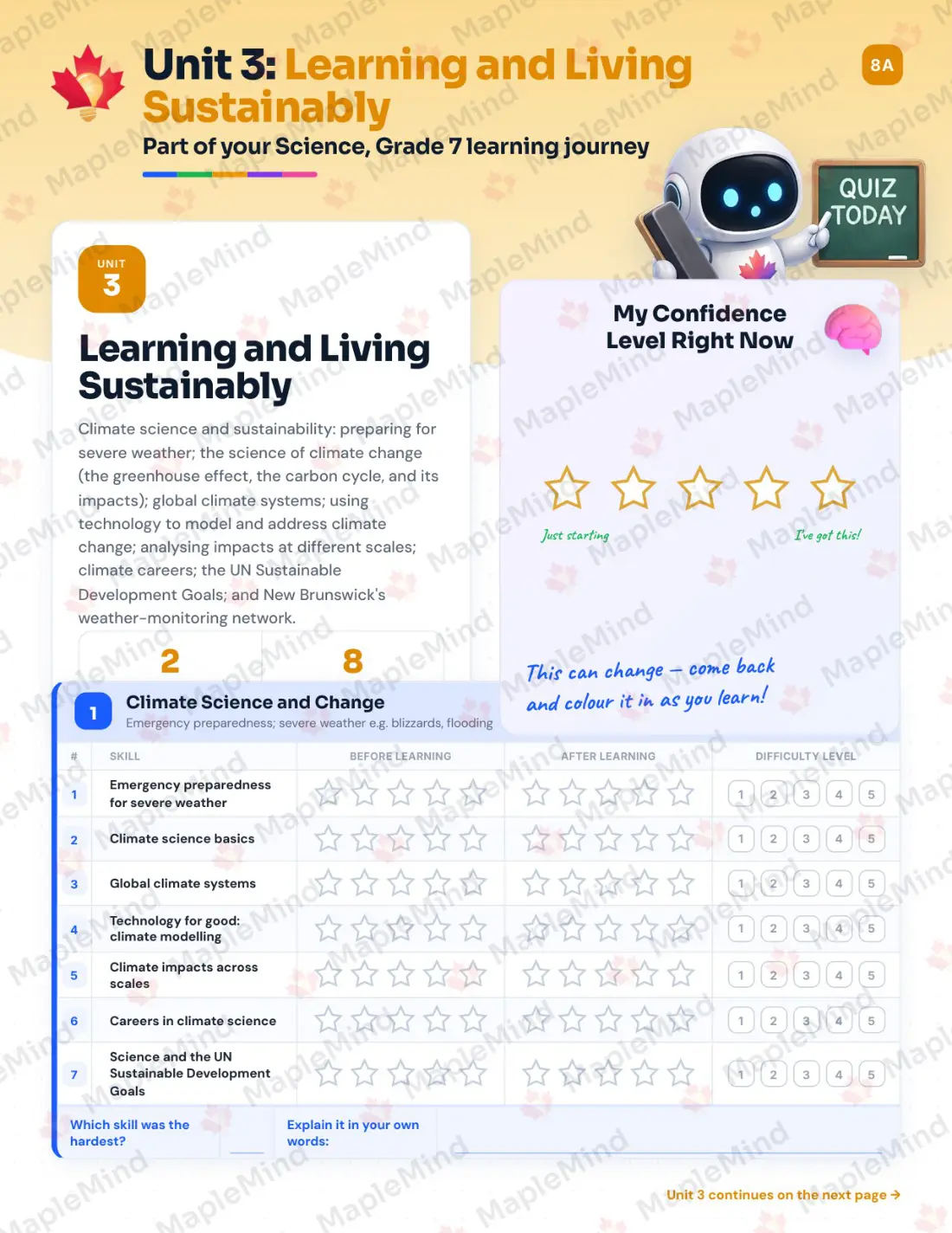 Page 13 of 25 from the Science, Grade 7 New Brunswick Course Companion — skills tracker with before and after self-assessment