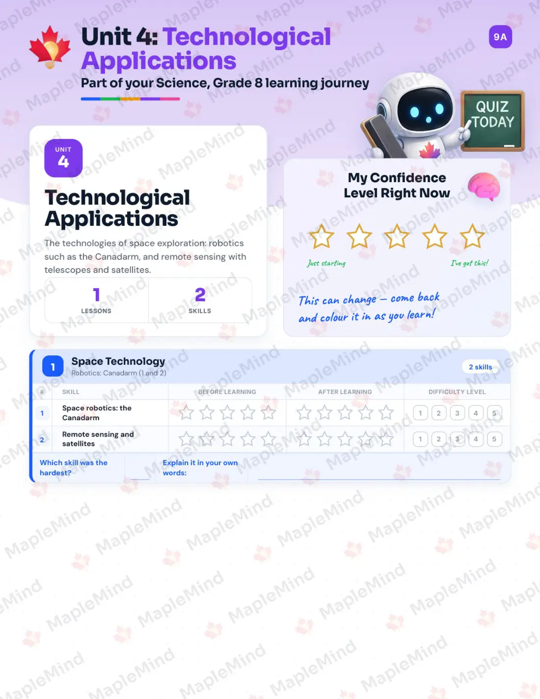 Page 15 of 31 from the Science, Grade 8 New Brunswick Course Companion — skills tracker with before and after self-assessment