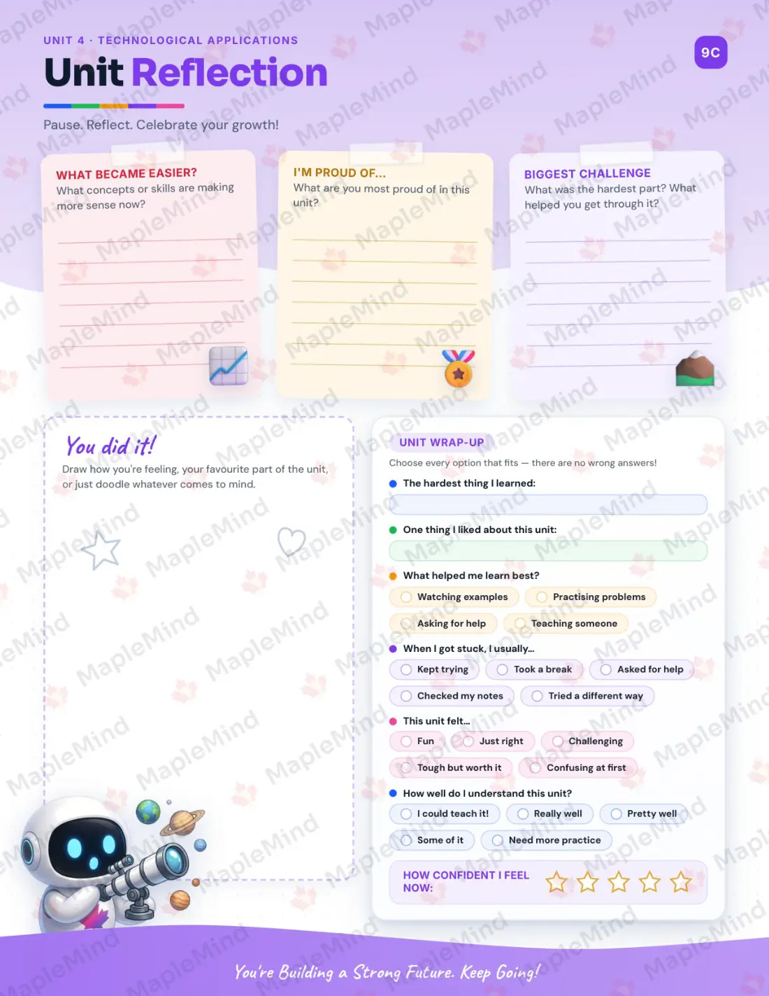 Page 17 of 31 from the Science, Grade 8 New Brunswick Course Companion — skills tracker with before and after self-assessment