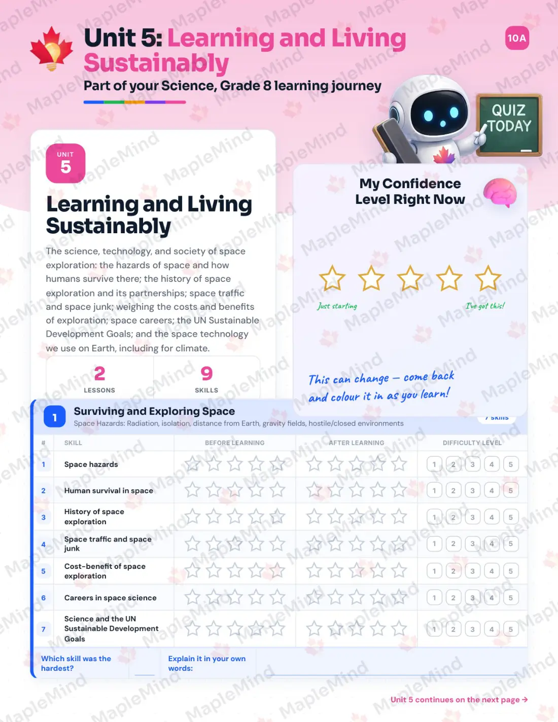 Page 18 of 31 from the Science, Grade 8 New Brunswick Course Companion — skills tracker with before and after self-assessment