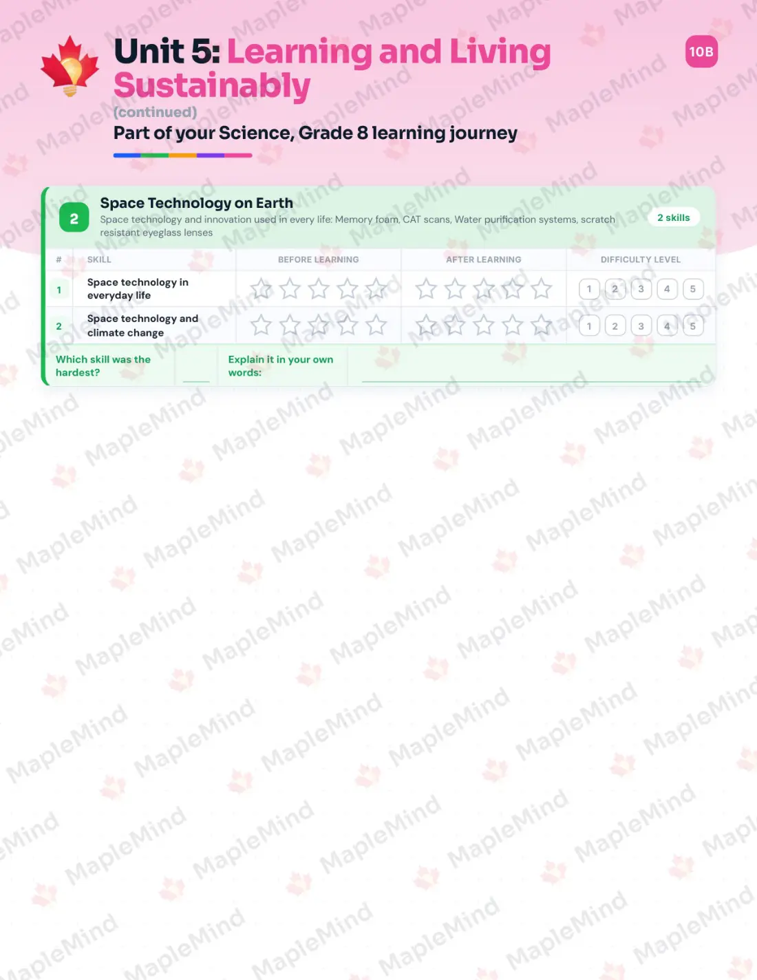 Page 19 of 31 from the Science, Grade 8 New Brunswick Course Companion — skills tracker with before and after self-assessment