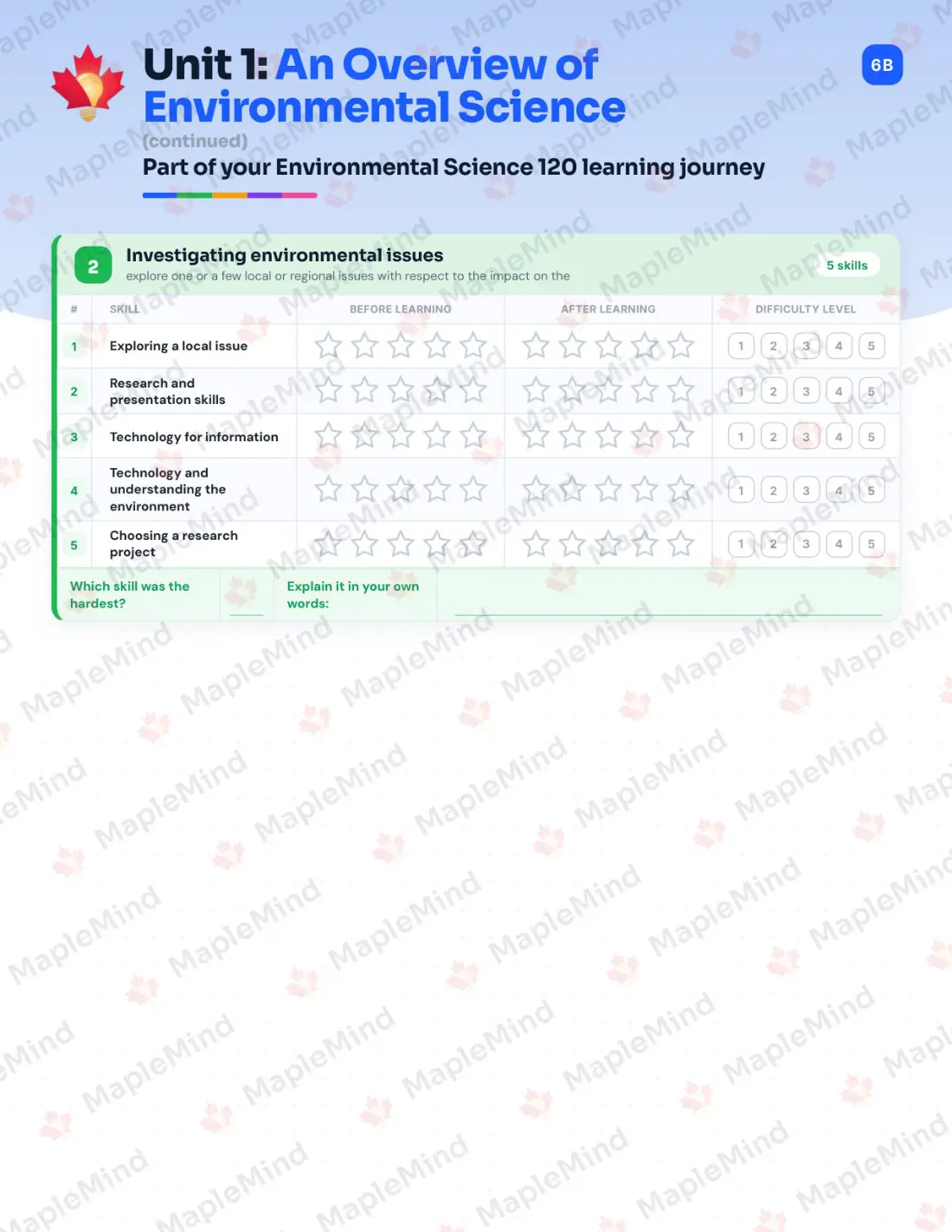 Page 7 of 30 from the Environmental Science 120 New Brunswick Course Companion — skills tracker with before and after self-assessment