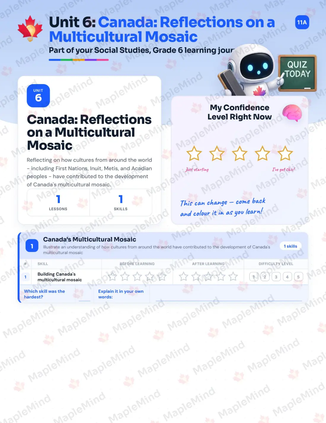 Page 21 of 33 from the Social Studies, Grade 6 New Brunswick Course Companion — skills tracker with before and after self-assessment