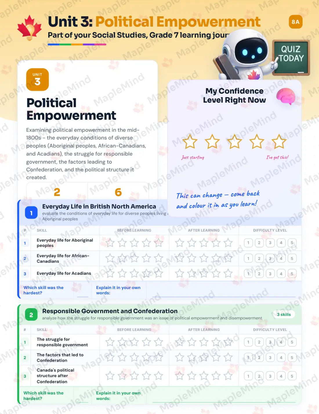 Page 13 of 37 from the Social Studies, Grade 7 New Brunswick Course Companion — skills tracker with before and after self-assessment