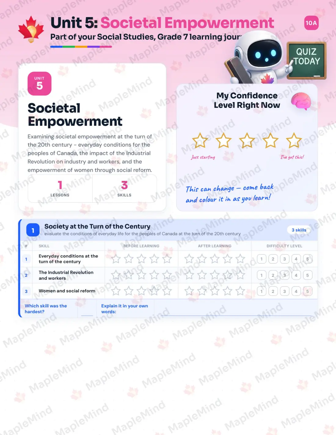 Page 19 of 37 from the Social Studies, Grade 7 New Brunswick Course Companion — skills tracker with before and after self-assessment
