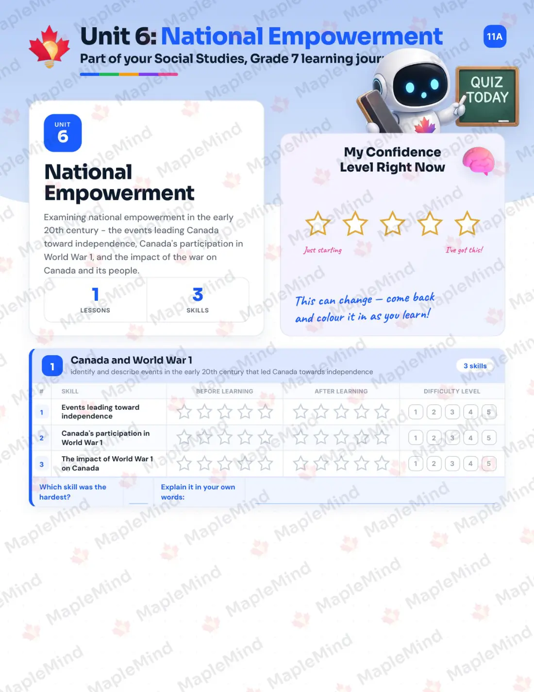 Page 22 of 37 from the Social Studies, Grade 7 New Brunswick Course Companion — skills tracker with before and after self-assessment