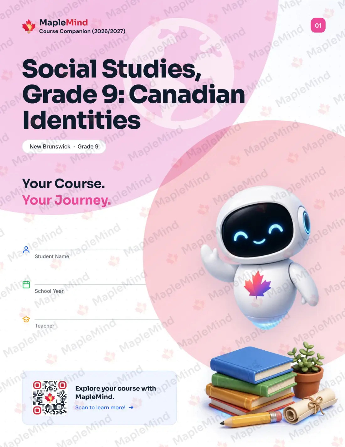 Page 1 of 25 from the Social Studies, Grade 9: Canadian Identities New Brunswick Course Companion — workbook cover