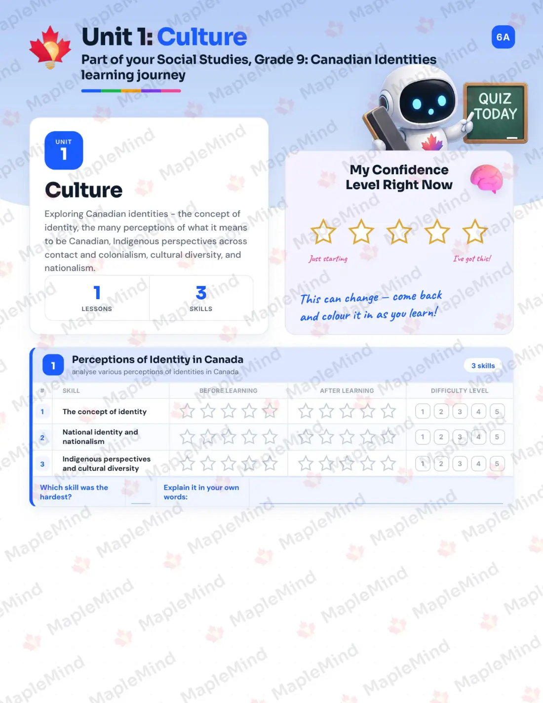 Page 6 of 25 from the Social Studies, Grade 9: Canadian Identities New Brunswick Course Companion — skills tracker with before and after self-assessment