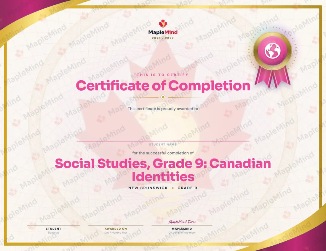Page 25 of 25 from the Social Studies, Grade 9: Canadian Identities New Brunswick Course Companion — year in review and certificate of completion