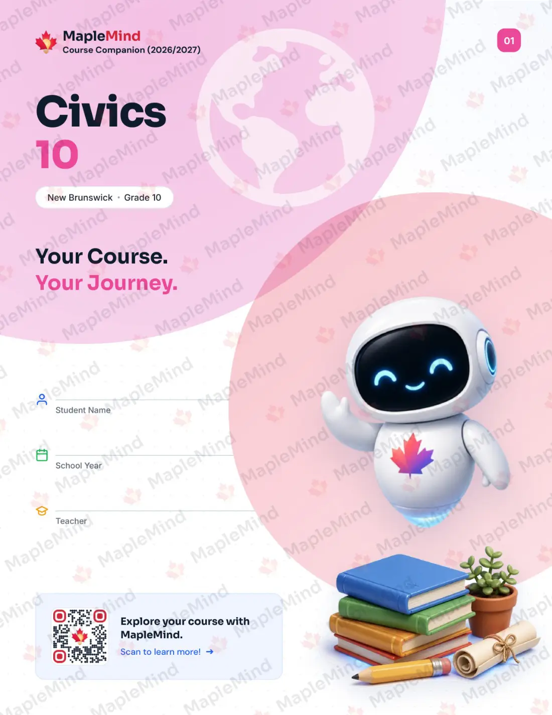 Page 1 of 27 from the Civics 10 New Brunswick Course Companion — workbook cover