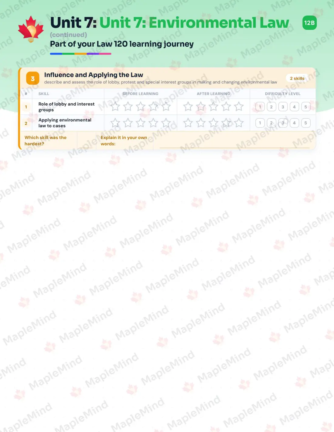 Page 33 of 69 from the Law 120 New Brunswick Course Companion — skills tracker with before and after self-assessment