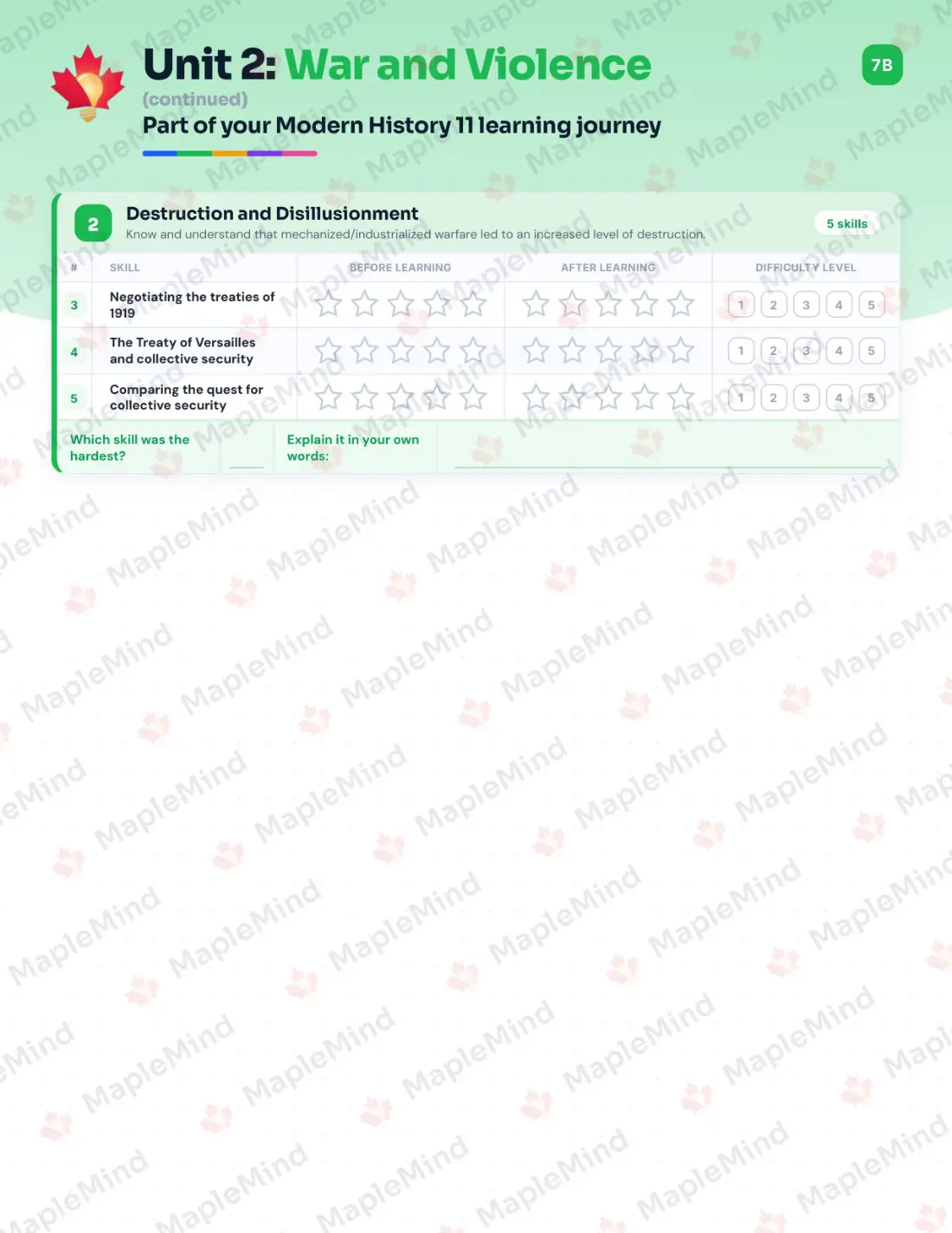 Page 11 of 26 from the Modern History 11 New Brunswick Course Companion — skills tracker with before and after self-assessment