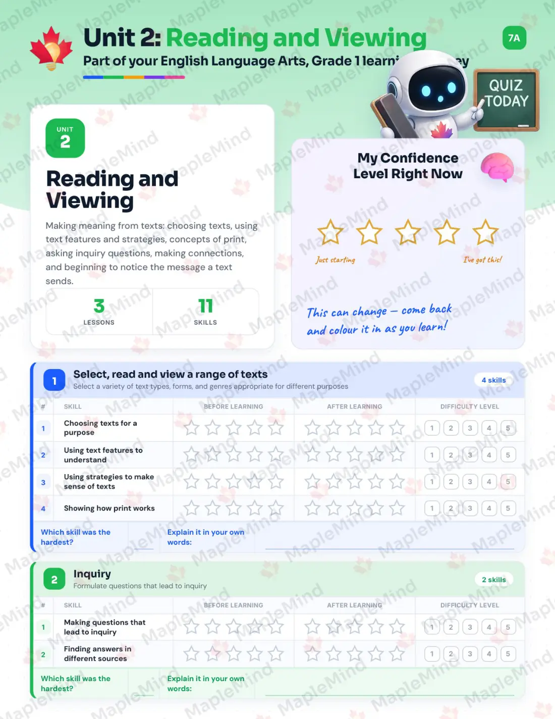 Page 10 of 26 from the English Language Arts, Grade 1 Newfoundland and Labrador Course Companion — skills tracker with before and after self-assessment