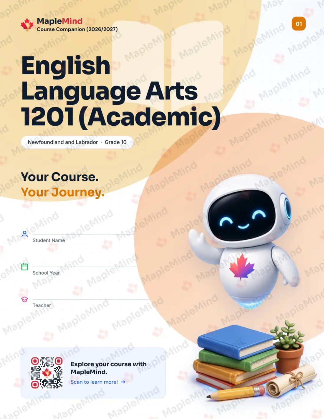 Page 1 of 25 from the English Language Arts 1201 (Academic) Newfoundland and Labrador Course Companion — workbook cover
