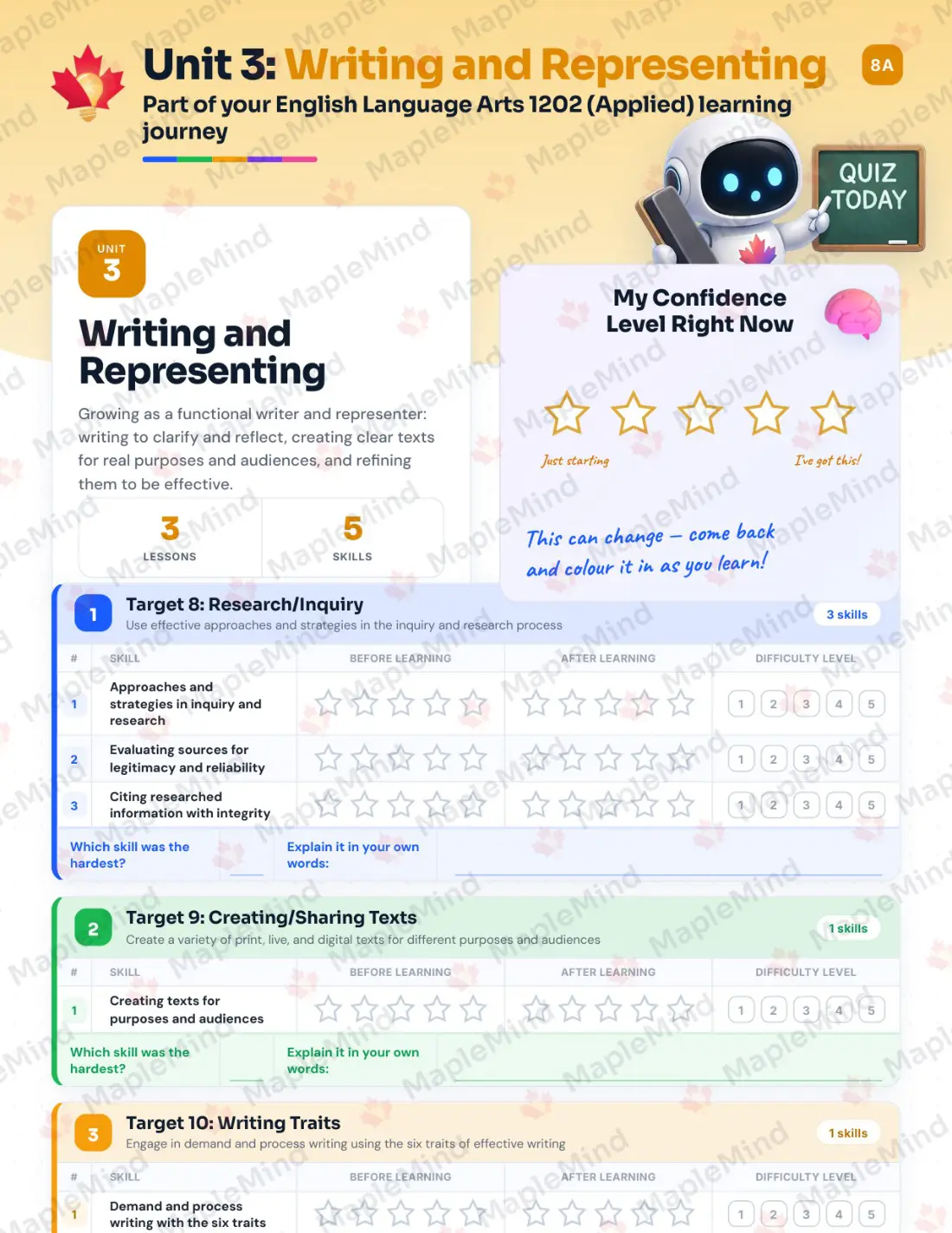 Page 13 of 25 from the English Language Arts 1202 (Applied) Newfoundland and Labrador Course Companion — skills tracker with before and after self-assessment