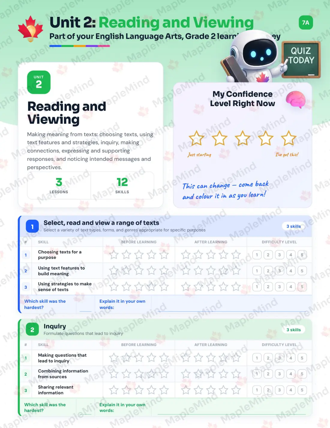 Page 10 of 26 from the English Language Arts, Grade 2 Newfoundland and Labrador Course Companion — skills tracker with before and after self-assessment