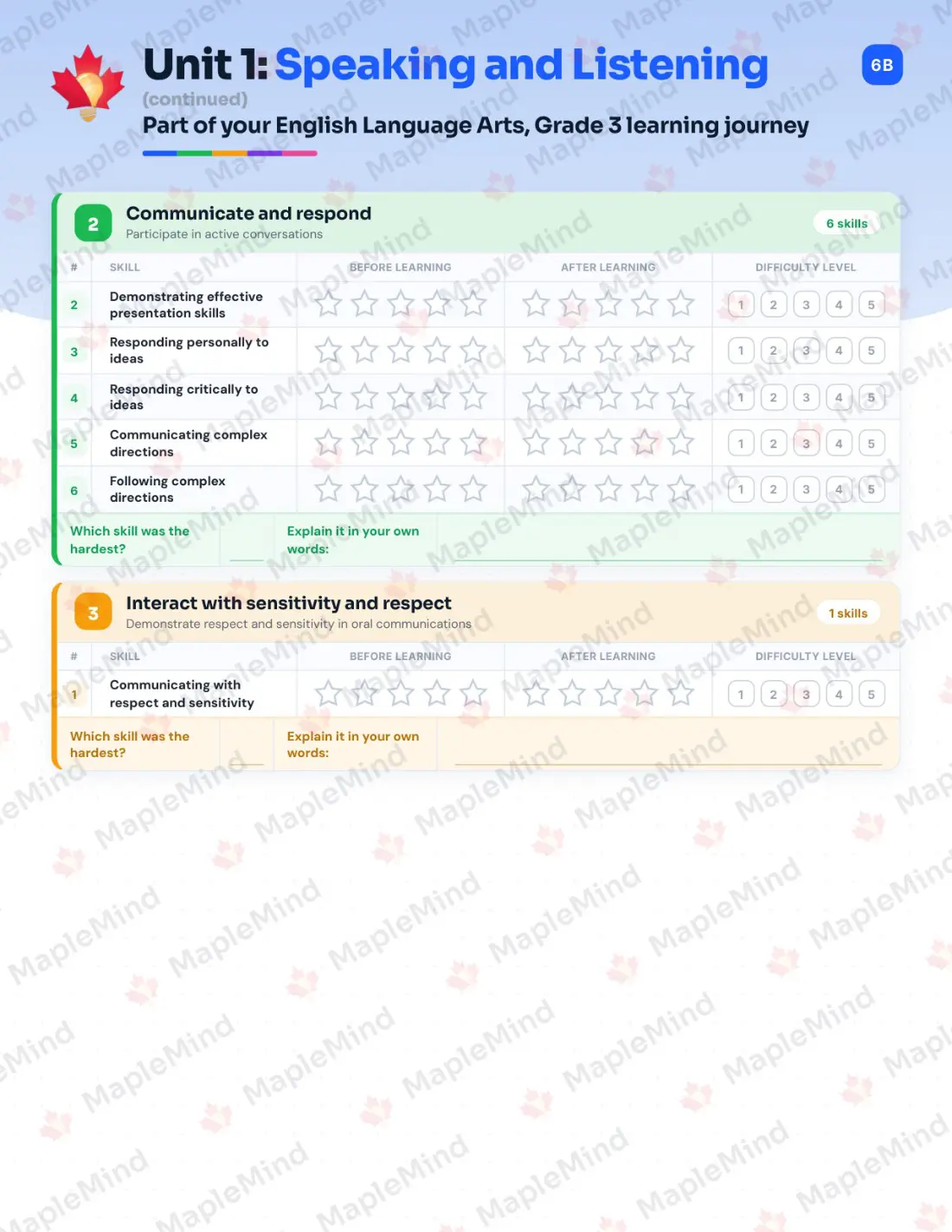 Page 7 of 26 from the English Language Arts, Grade 3 Newfoundland and Labrador Course Companion — skills tracker with before and after self-assessment