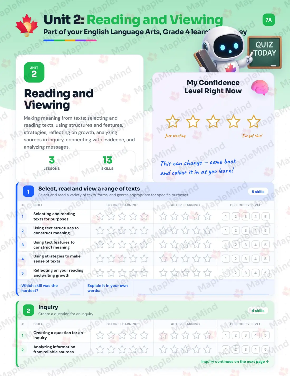 Page 10 of 26 from the English Language Arts, Grade 4 Newfoundland and Labrador Course Companion — skills tracker with before and after self-assessment