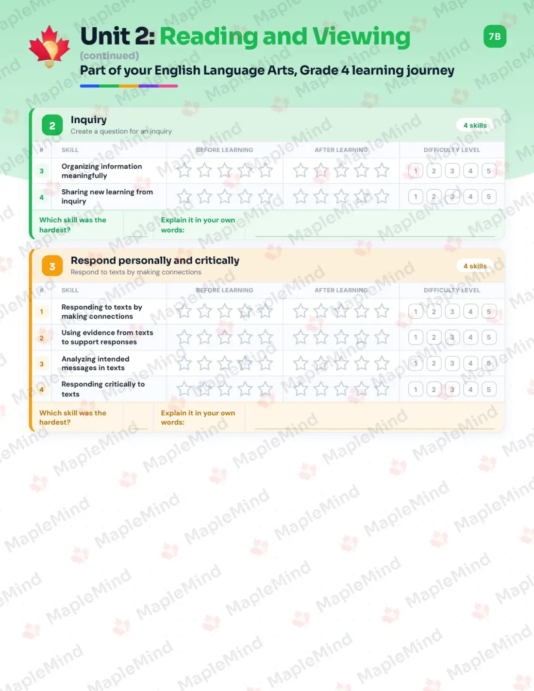 Page 11 of 26 from the English Language Arts, Grade 4 Newfoundland and Labrador Course Companion — skills tracker with before and after self-assessment