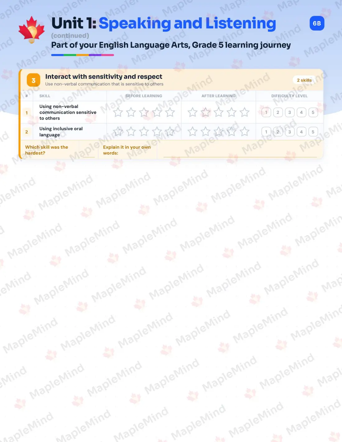 Page 7 of 26 from the English Language Arts, Grade 5 Newfoundland and Labrador Course Companion — skills tracker with before and after self-assessment