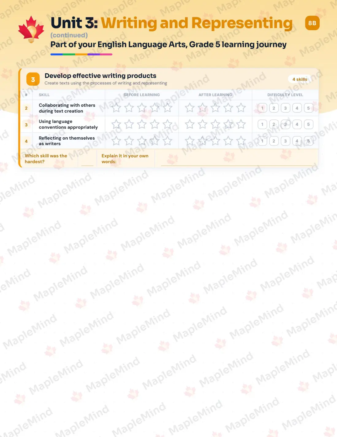 Page 15 of 26 from the English Language Arts, Grade 5 Newfoundland and Labrador Course Companion — skills tracker with before and after self-assessment